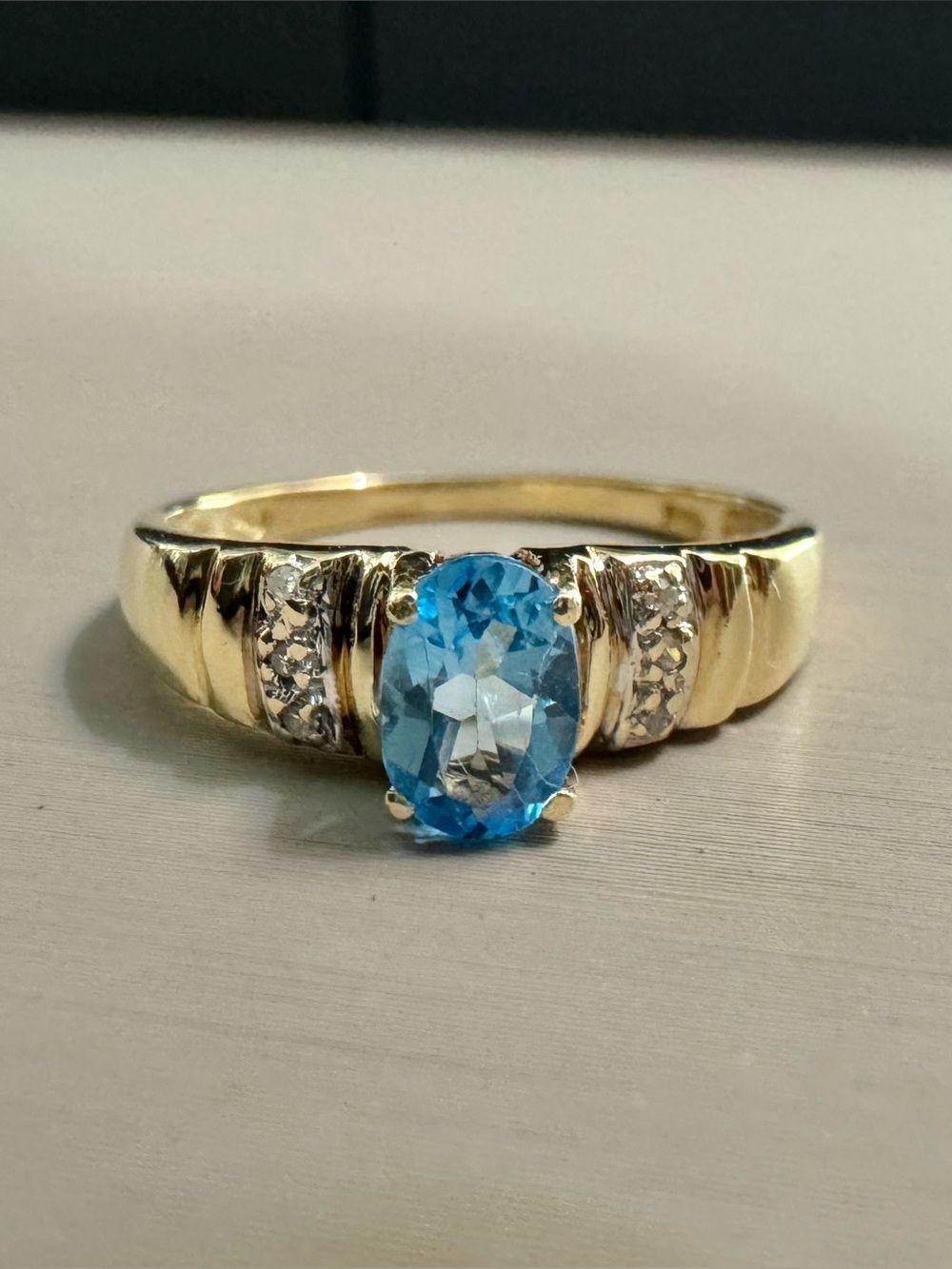 10K Yellow Gold Blue Topaz and Diamond Ring